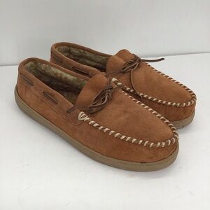 Florsheim Suede Leather Men’s Cozy Tie Slipper Fleece Lining Carmel Size 12M